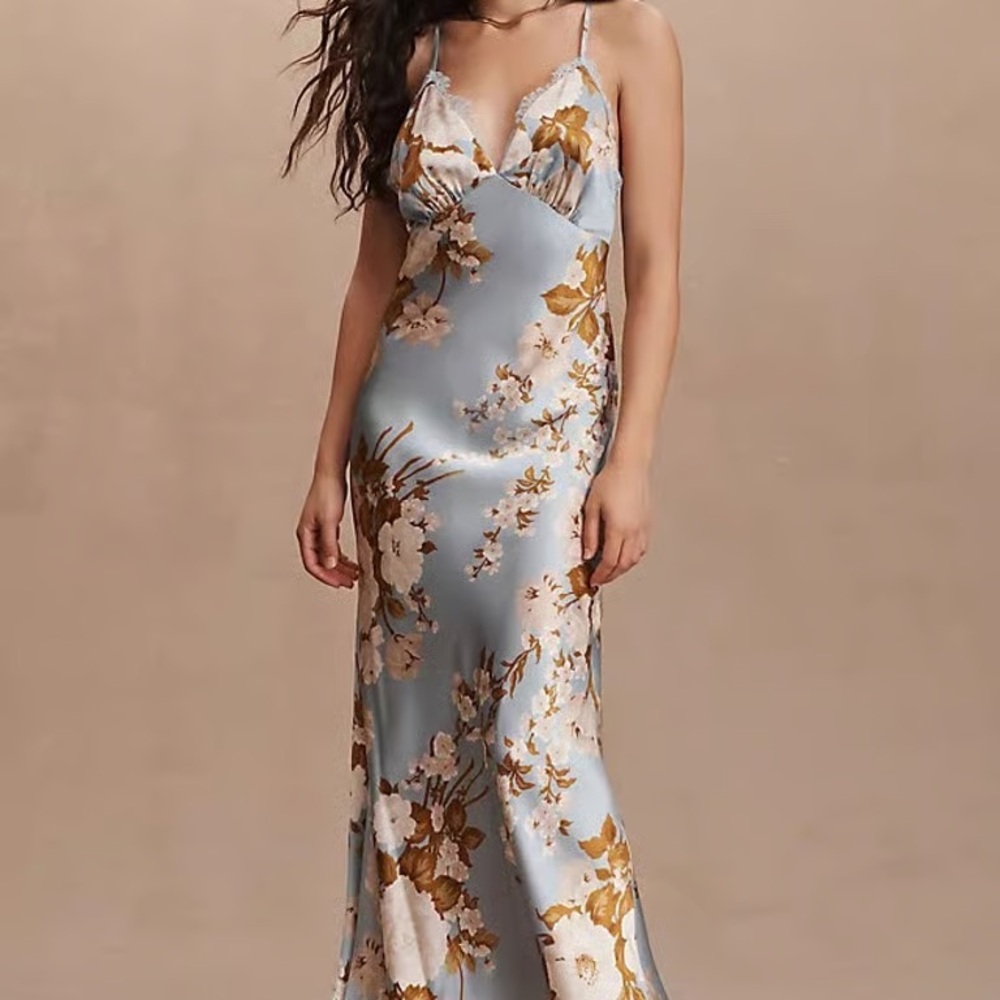 Reformation Powder Blue Floral Satin Slip Maxi Dress with Gold Accents